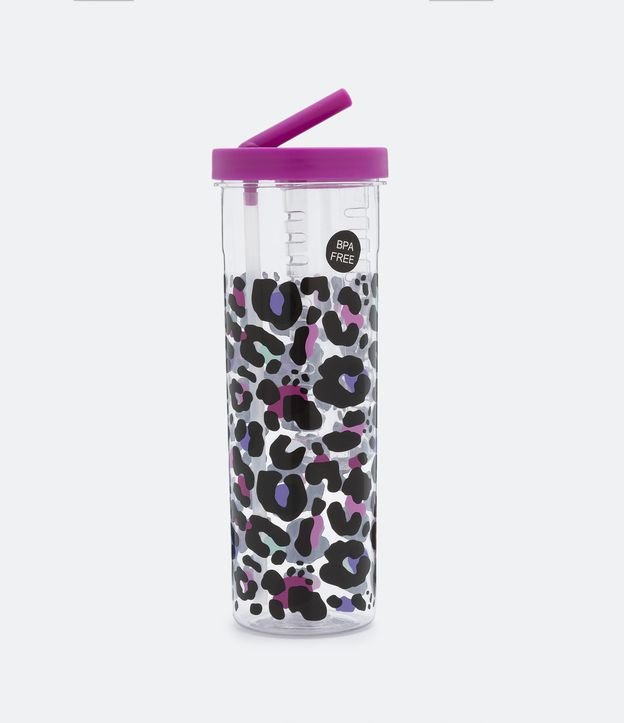 Copo com Canudo Reutilizável com Estampa Animal Print Onça
