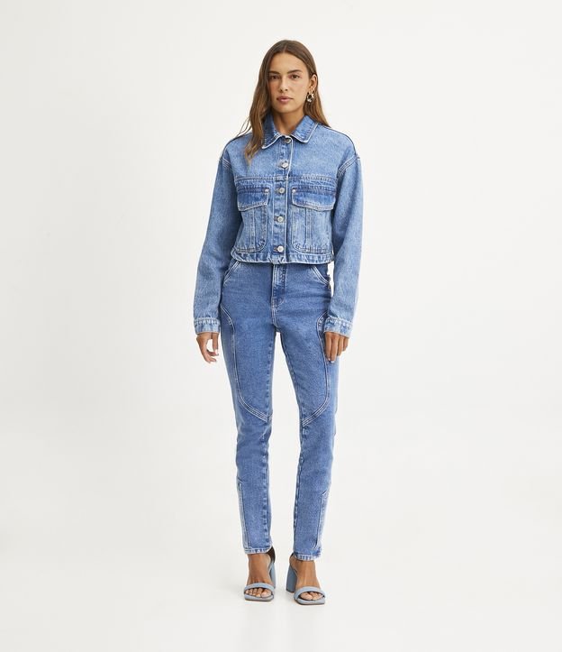 Jaqueta Cropped Jeans com Abotoamento Frontal Azul 2