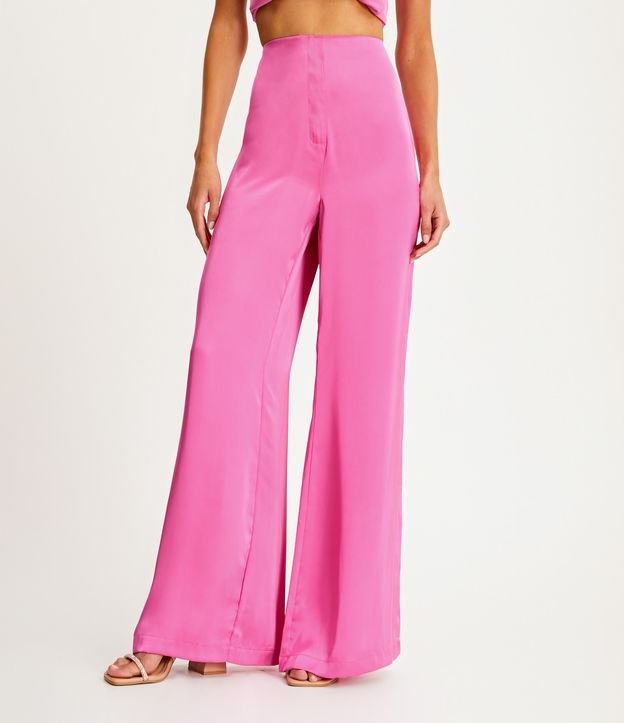 Calça Pantalona com Textura Acetinada Rosa 2