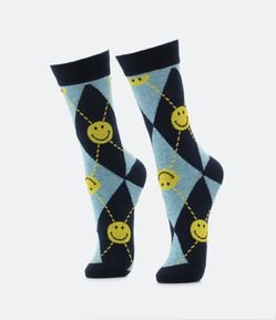 Meia Cano Alto em Algodão com Estampa Xadrez e Smiley