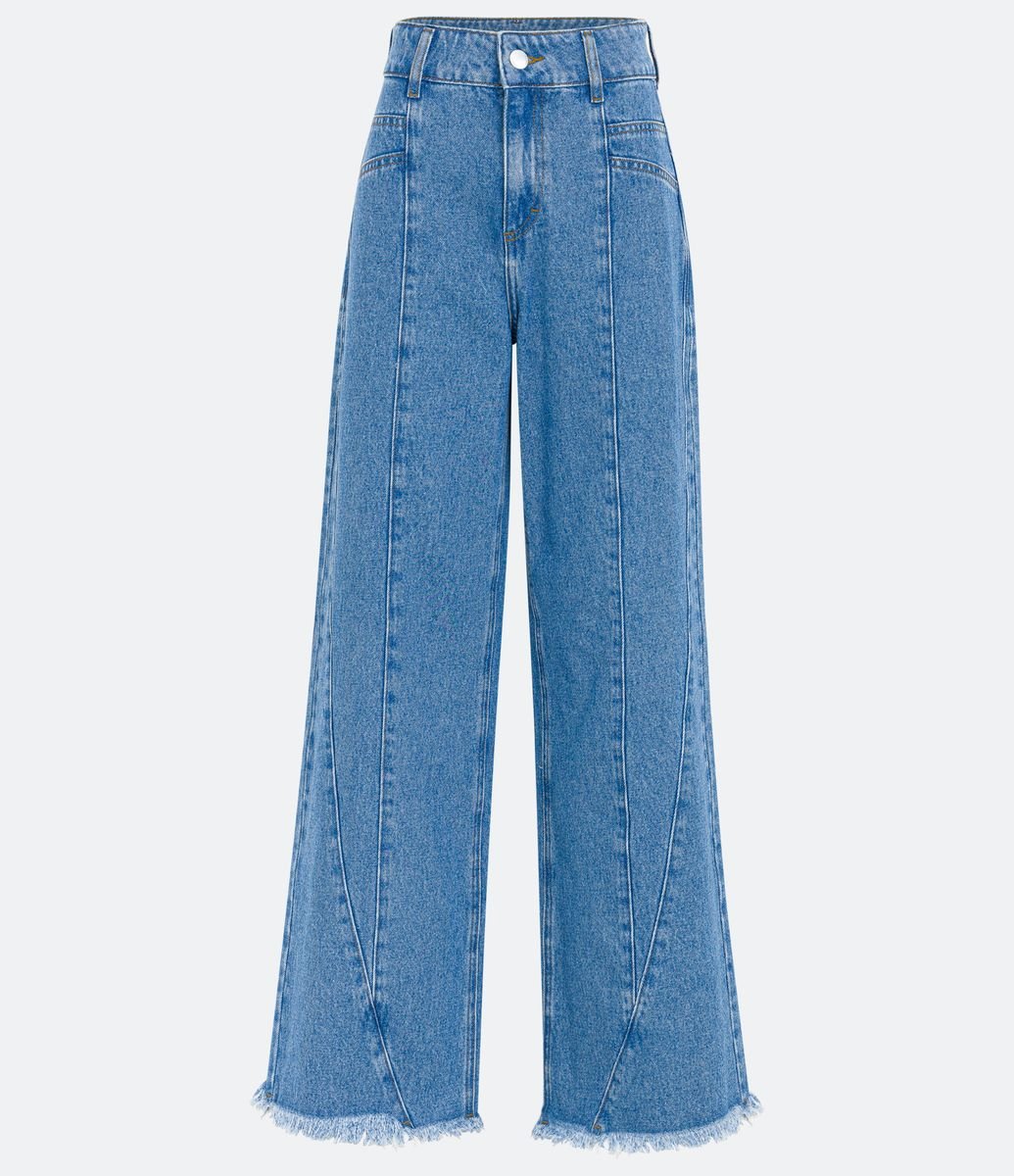 Calça Wide Leg Jeans com Puxador Cruzado na Lateral Azul