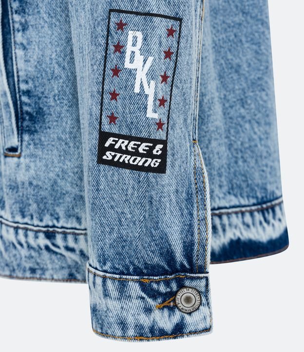 Jaqueta Trucker Jeans com Bordado Frontal e Lettering Brooklyn Azul Médio 10