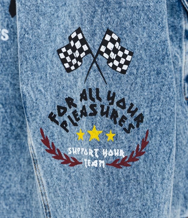 Jaqueta Trucker Jeans com Bordado Frontal e Lettering Brooklyn Azul Médio 12