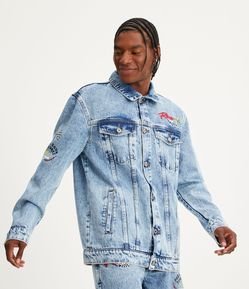 Jaqueta Trucker Jeans com Bordado Frontal e Lettering Brooklyn