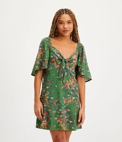 Vestidinho Manga Curta em Linho com Laço no Busto e Estampa Floral