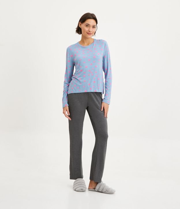 Pijama Longo em Viscolycra com Estampa de Corações