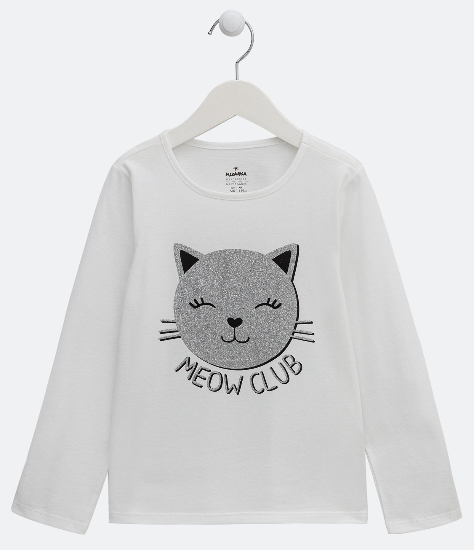 Blusa Infantil Estampa Gatinho com Glitter - Tam 5 a 14 Anos Branco Neve 1