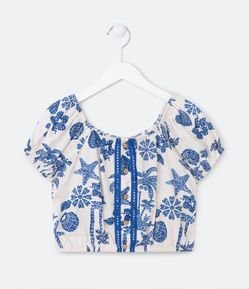 Blusa Ciganinha Infantil em Viscose Estampa Ícones do Mar - Tam 5 a 14 Anos