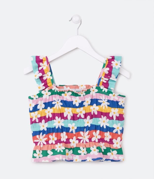 Blusa Cropped Infantil em Viscose Franzidinha com Estampa de Listras e Florzinhas - Tam 5 a 14 anos