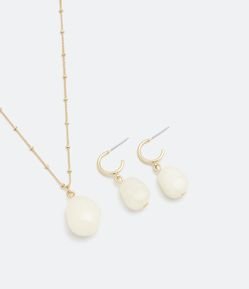 Conjunto de Brinco e Colar em Metal com Pingente Lapidado