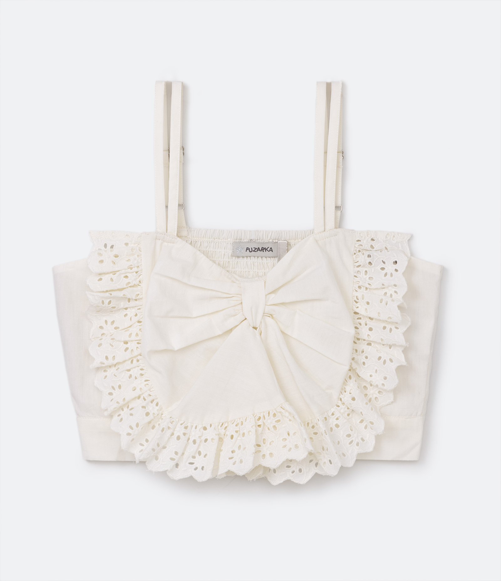Blusa de Alça Infantil em Laise com Laço de Broderie e Latex nas Costas - Tam 5 a 14 Anos Bege 1