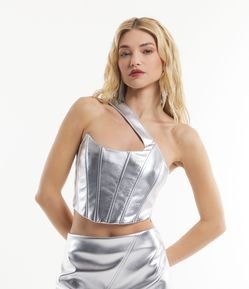 Top Corset Ombro Único em Material Sintético e Lastex
