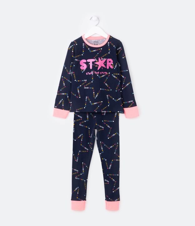 Pijama Largo Infantil con Estampado de Estrellas y Lettering - Talle 5 a 14 años Azul Oscuro/Rosado 1