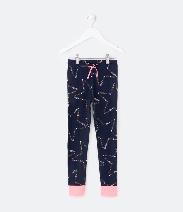 Pijama Largo Infantil con Estampado de Estrellas y Lettering - Talle 5 a 14 años Azul Oscuro/Rosado 3