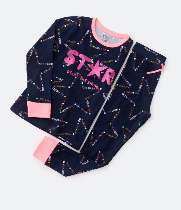 Pijama Largo Infantil con Estampado de Estrellas y Lettering - Talle 5 a 14 años Azul Oscuro/Rosado 4