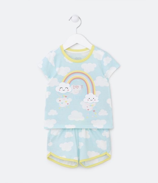 Pijama Curto Infantil com Estampas de Nuvens e Arco-Íris - Tam 1 a 4 Anos Azul 1