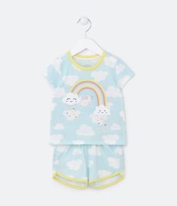Pijama Curto Infantil com Estampas de Nuvens e Arco-Íris - Tam 1 a 4 Anos