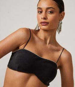 Blusa Cropped de Alças em Malha Crepe com Pedrinhas de Strass