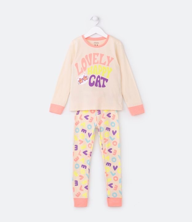 Pijama Largo Infantil Estampado Lovely Happy Cat - Talle 5 a 14 años Naranja 1