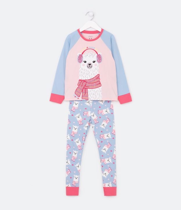 Pijama Largo Infantil con Estampado Llama de Bufanda - Talle 5 a 14 años Rosado 1