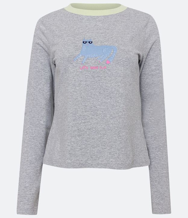 Blusa de Pijama en Cotton con Estampado Gatito de Gafas Gris 4