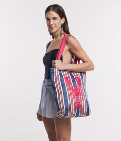 Bolsa Média com 02 Tamanhos de Alça Estampa Listrada e Bordado Lagosta