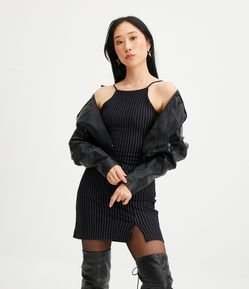 Vestido Curto de Alça em Ponto Roma com Riscas de Giz