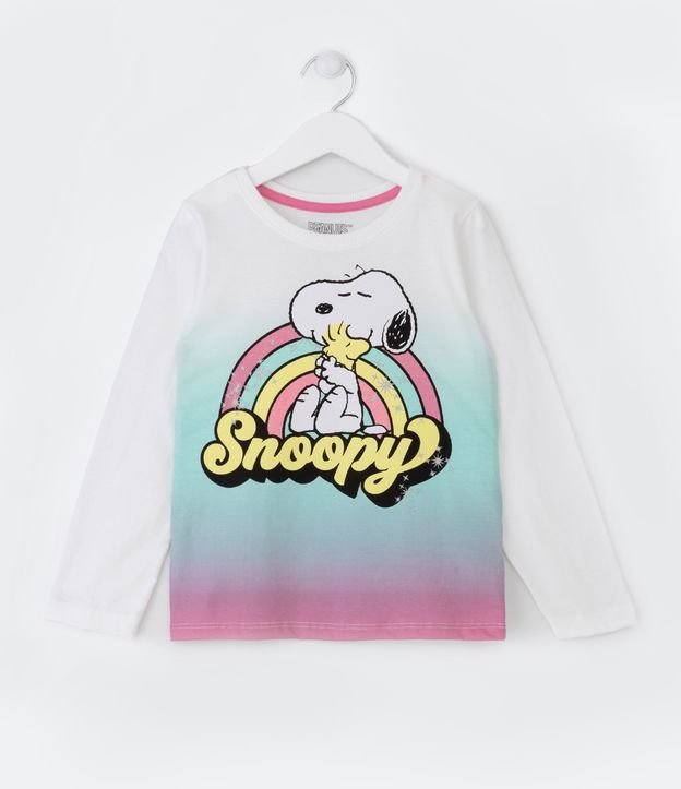Camiseta Infantil Dip Dye Estampa Arco-Íris e Snoopy - Tam 5 a 14 Anos - Cor: Branco Neve - Tamanho: 9-10