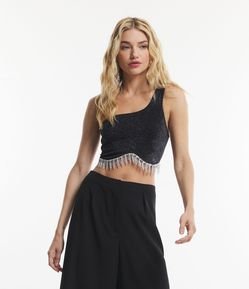 Blusa Cropped Canelado Ombro Só com Franjinhas de Strass