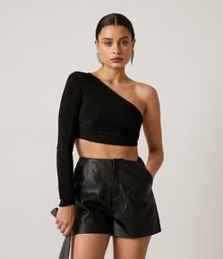 Blusa Cropped com Fio Metalizado e Argola na Lateral