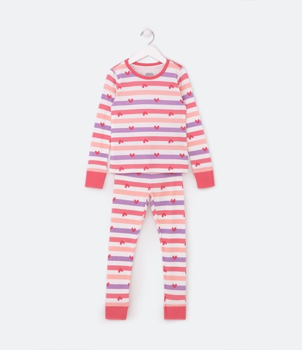 Pijama Longo Infantil em Ribana Listrado com Corações - Tam 4 a 14 Anos