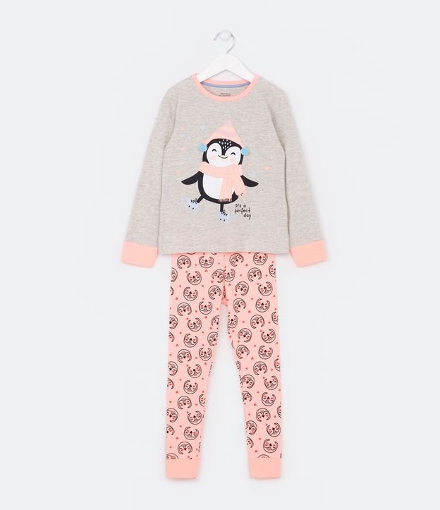 Pijama Longo Infantil com Estampa Pinguim com Pompons - Tam 5 a 14 Anos