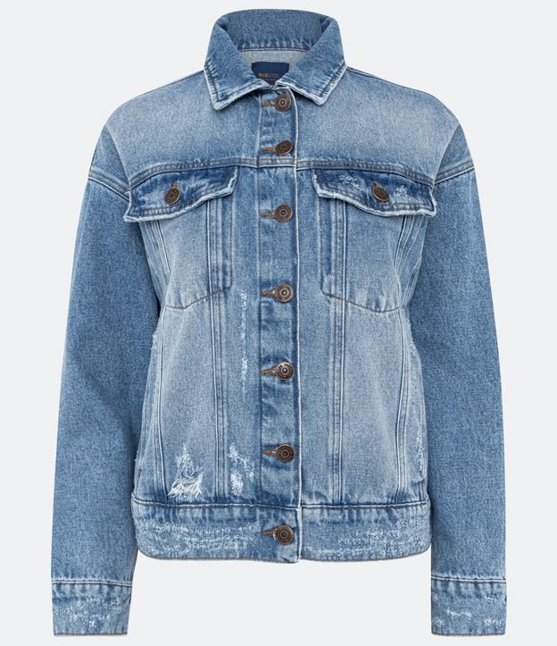 Campera Oversized en Jeans con Bolsillos y Desgastes Azul 6