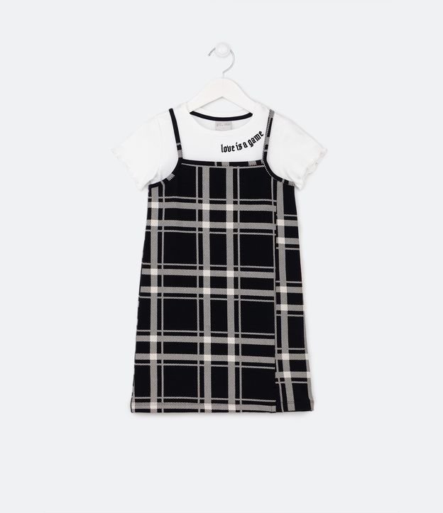 Vestido Curto Infantil com Textura Xadrez e Botões de Coração