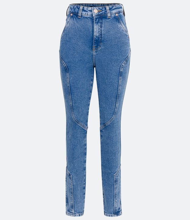 Pantalón Recto en Jeans Elástico con Bolsillos y Detalle de Costuras Azul 5