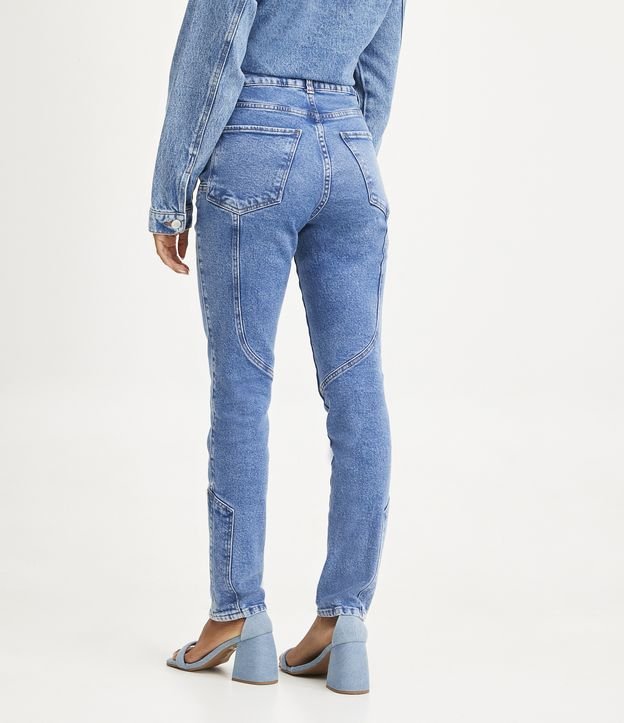Pantalón Recto en Jeans Elástico con Bolsillos y Detalle de Costuras Azul 3
