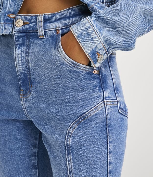 Pantalón Recto en Jeans Elástico con Bolsillos y Detalle de Costuras Azul 4