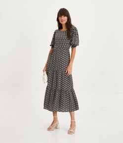 Vestido Midi em Viscose com Manga Bufante e Estampa Étnica