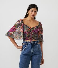 Blusa Cropped em Tule com Lastex na Cintura e Estampa Natureza