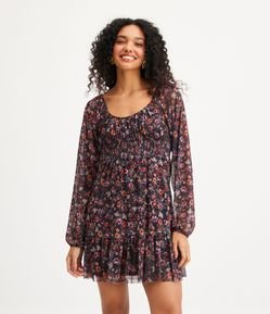 Vestido Curto em Tule com Recorte Franzido na Saia e Estampa Floral