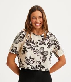 Blusa Cropped em Ribana com Estampa Flores e Borboletas
