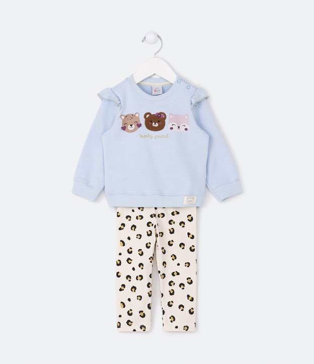 Conjunto Infantil em Moletom com Babadinho e Bordado de Bichinhos - Tam 0 a 18 meses