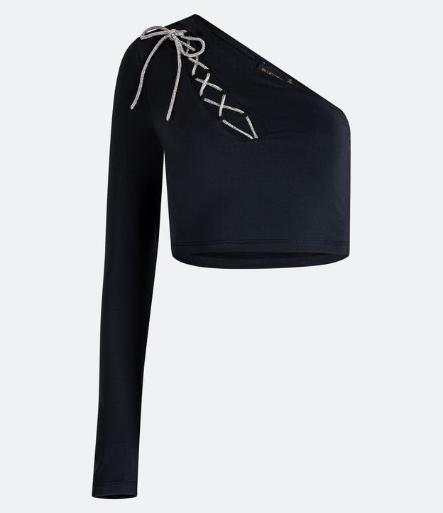 Blusa Cropped Hombro Único con Lazo Brillante Negro 5