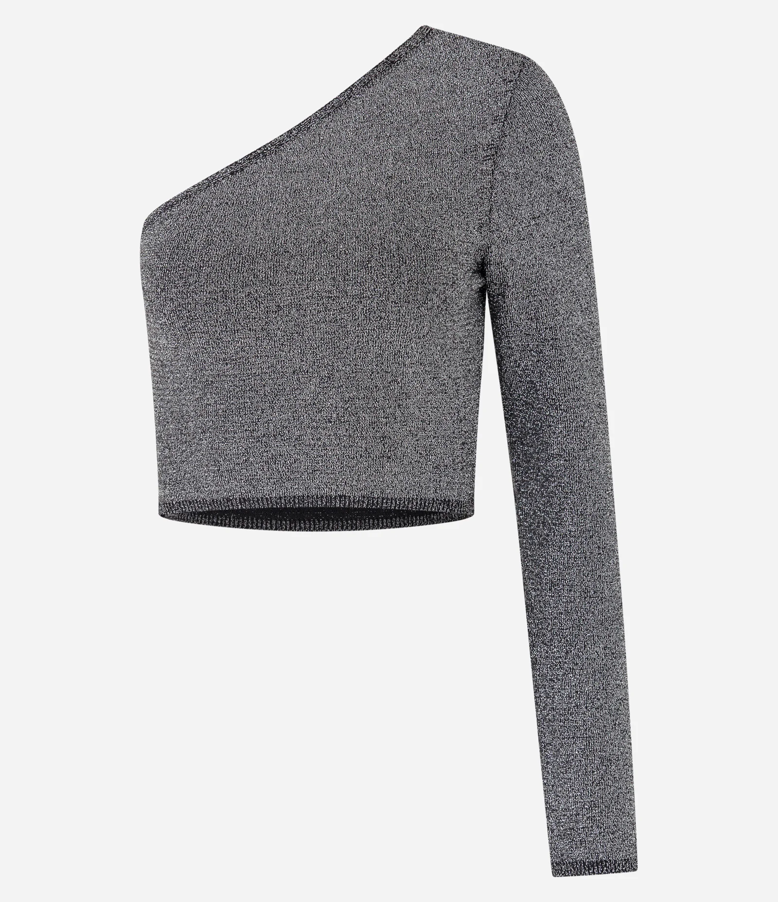 Blusa Cropped em Tricô com Decote Ombro Só e Manga Longa Cinza 1