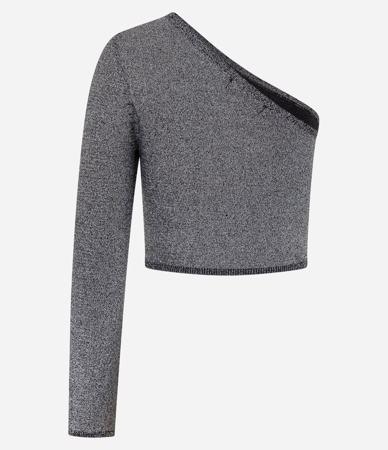 Blusa Cropped em Tricô com Decote Ombro Só e Manga Longa Cinza 3