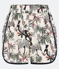Short em Linho com Viés Contrastante e Tucanos e Coqueiros Estampados