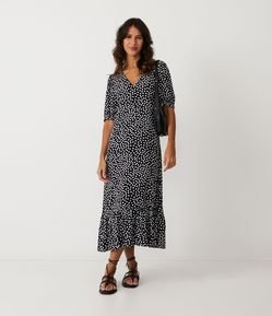 Vestido Midi em Viscose com Manga Bufante e Estampa Poá