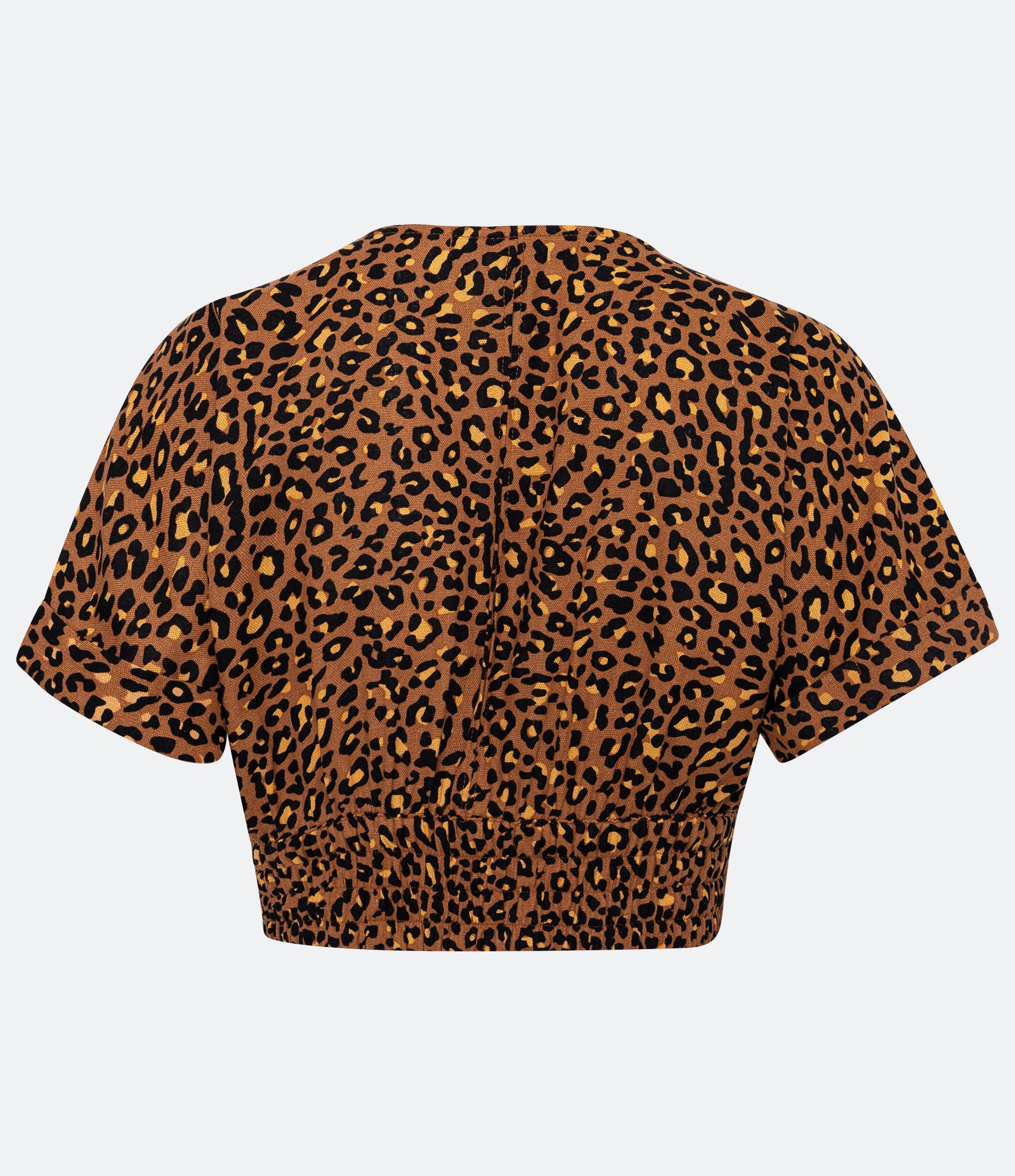 Blusa Cropped em Linho com Manga Curta e Estampa Animal Print Onça Marrom 7