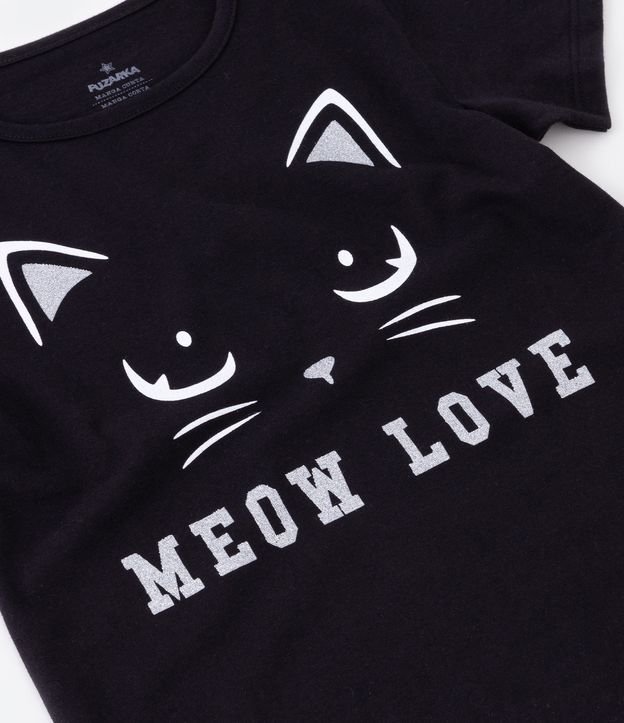Blusa Infantil em Meia Malha com Estampa de Gatinha - Tam 5 a 14 Preto 4