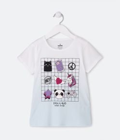 Blusa T-shirt Infantil Dip Dye com Ícones - Tam 5 a 14 anos